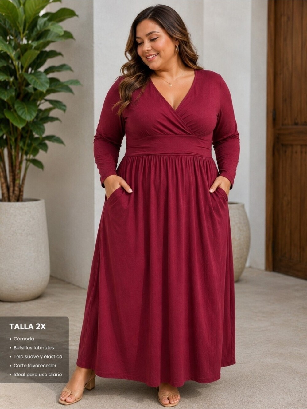 Red Pleated Wrap Gown with Long Sleeves